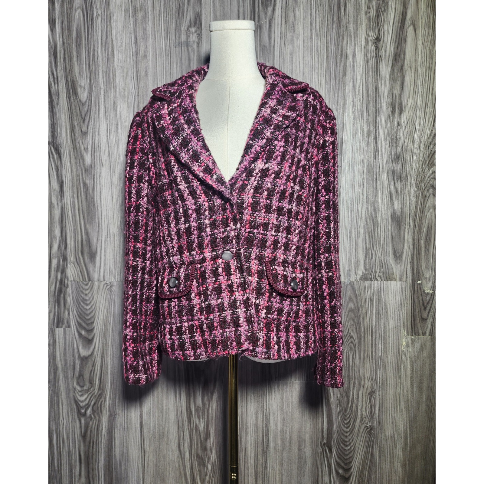 Requirements Pink Purple Plaid Tweed Blazer Jacket Wool Blend Size 14 Womens